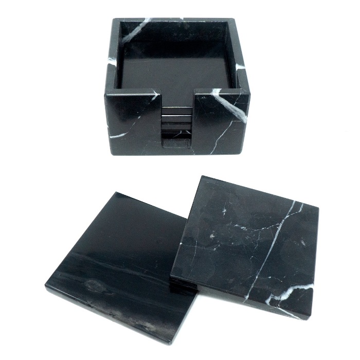 Set de 6 Portavasos cuadrado de Mármol Natural, Gris Mazahua / Incluye base para guardarlos / Diseño elegante / Para bebidas frías o calientes