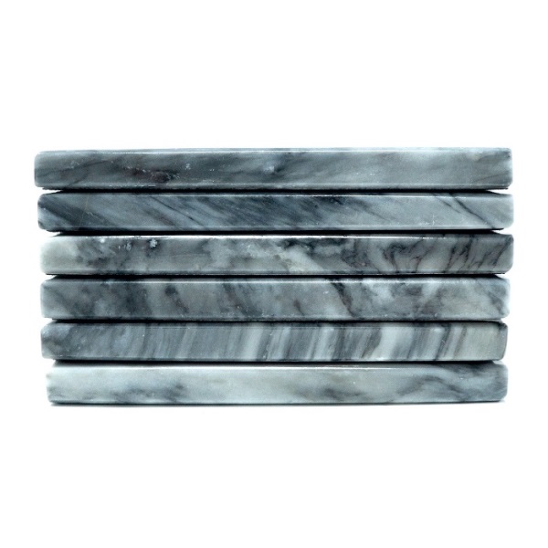 Set de 6 Portavasos cuadrado de Mármol Natural, Gris Mazahua / Incluye base para guardarlos / Diseño elegante / Para bebidas frías o calientes