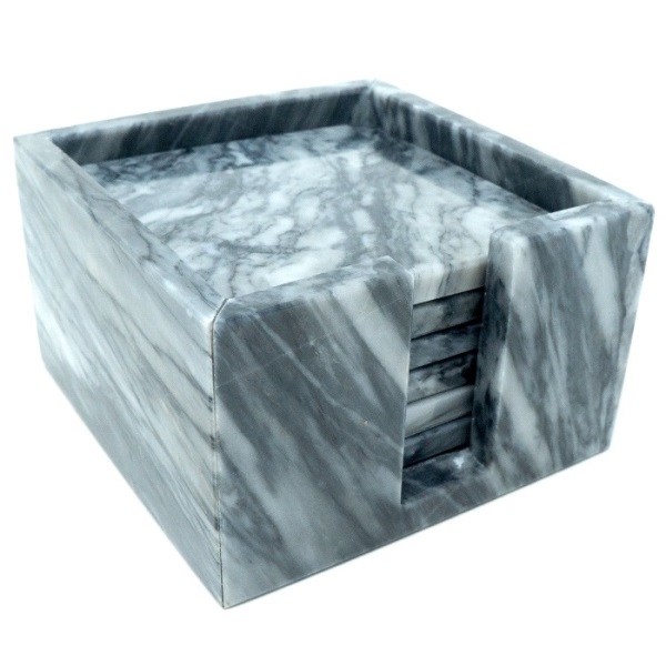 Set de 6 Portavasos cuadrado de Mármol Natural, Gris Mazahua / Incluye base para guardarlos / Diseño elegante / Para bebidas frías o calientes