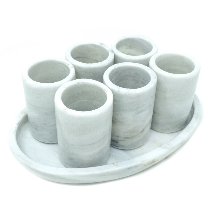 Juego de 6 Tequileros de Mármoll Natural, Gris Mazahua / Set de 6 caballitos de Mármol con bandeja / Vaso Tequilero, Mezcal / Vaso de chupito