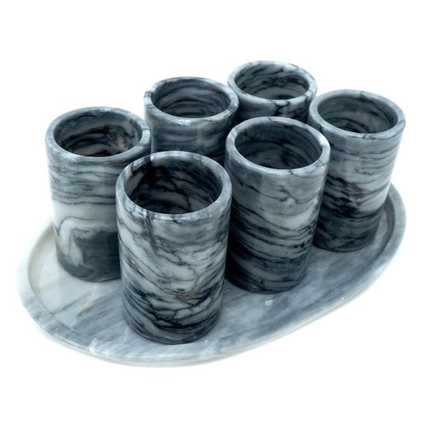 Juego de 6 Tequileros de Mármoll Natural, Gris Mazahua / Set de 6 caballitos de Mármol con bandeja / Vaso Tequilero, Mezcal / Vaso de chupito
