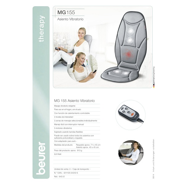Asiento Masaje 5 Motores 2 Niveles Casa y Auto Beurer MG155