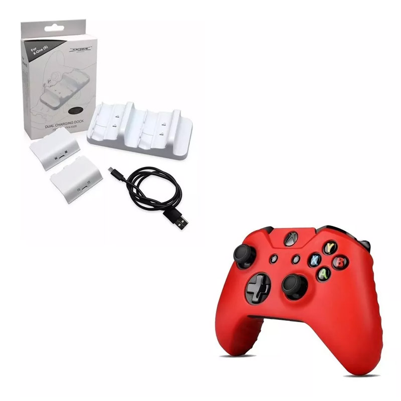 Kit Carga Juega Dual Para Xbox One S, X + Funda Roja
