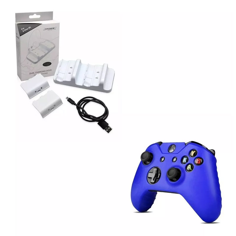 Kit Carga Juega Dual Para Xbox One S, X + Funda Azul