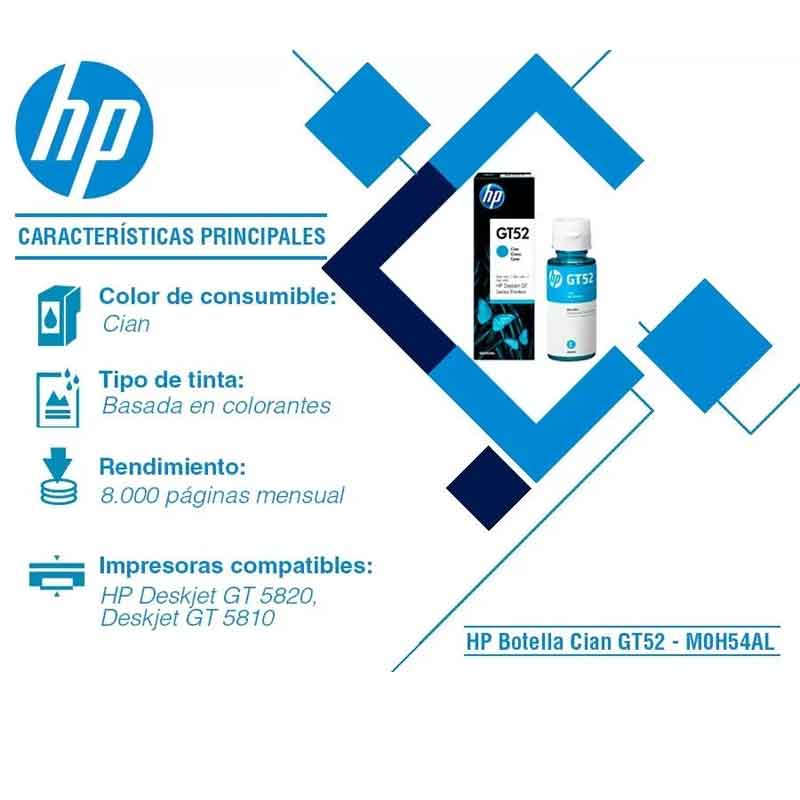 Botella de Tinta HP GT52 Ink Tank 100 300 400 Smart Tank 500 600 Cyan 70ml M0H54AL 