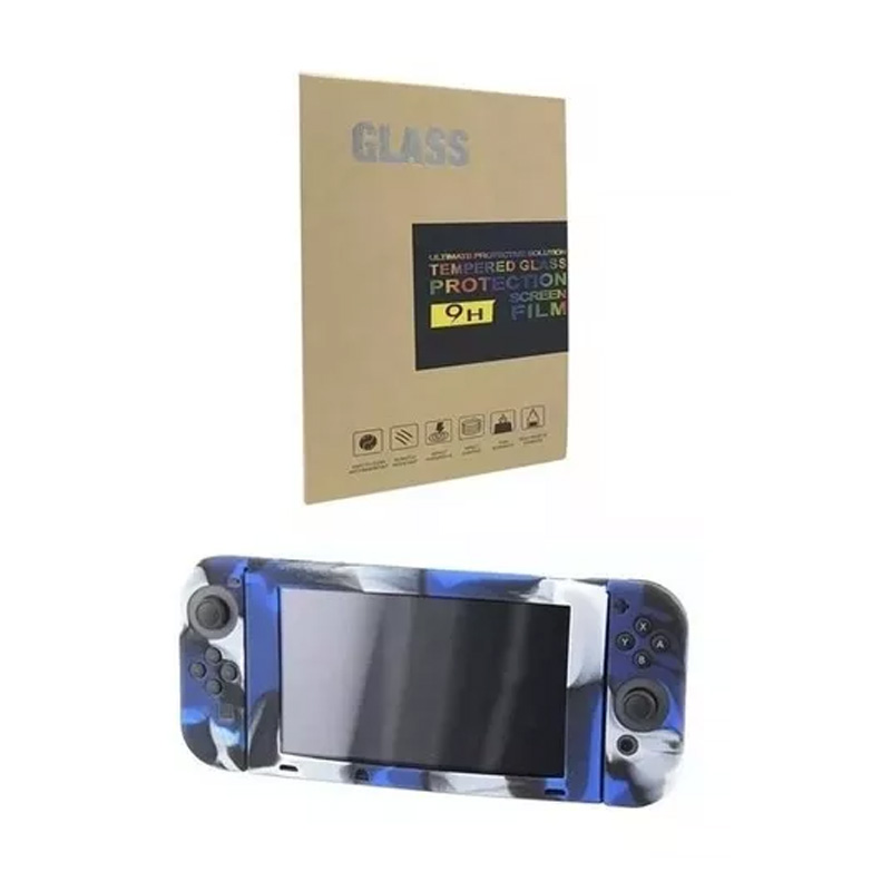 Combo Nintendo Switch Funda Camuflaje Azul Y Mica Templada