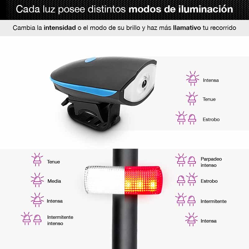 Kit de Luz Delantera y Trasera LED Bicicleta Impermeable Claxon Redlemon