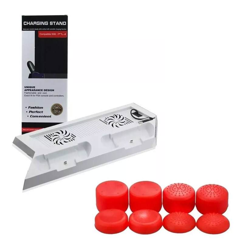 Ps4 Base Vertical Enfriadora 2 Puertos Carga Blanca + Grips Rojos
