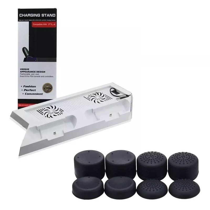 Ps4 Base Vertical Enfriadora 2 Puertos Carga Blanca + Grips Negros