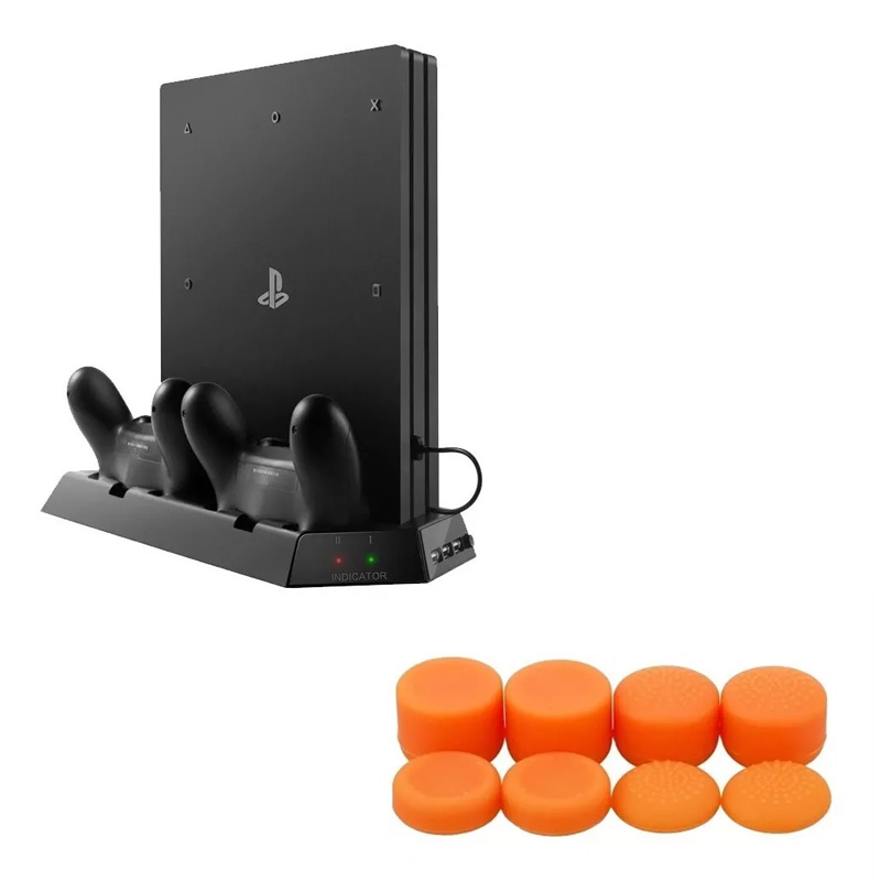 Ps4 Pro Base Vertical Enfriadora 2 Puertos Carga + Grips Pro Naranjas