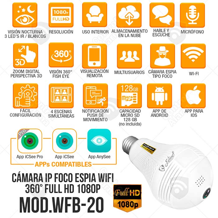 Camara Wifi Espia Foco Ip Nube Full Hd 1080p 360 grados Panoramica Seguridad