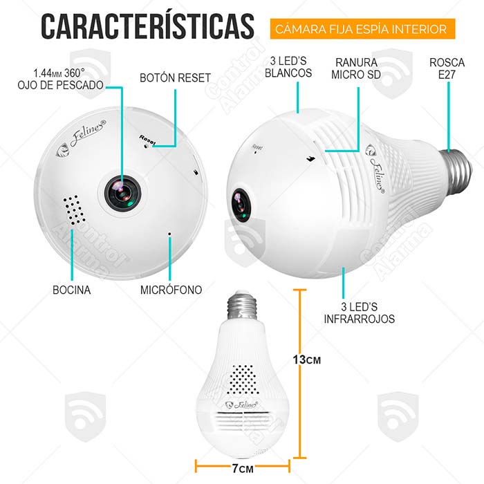 Camara Wifi Espia Foco Ip Nube Full Hd 1080p 360 grados Panoramica Seguridad