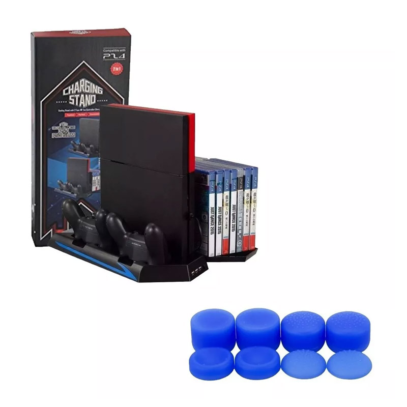 Ps4 Slim Base Enfriadora Apoya Juegos (Negra) + Grips Pro Azul