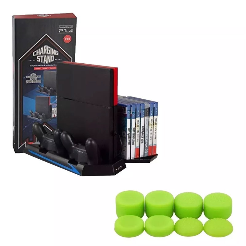 Ps4 Slim Base Enfriadora Apoya Juegos (Negra) + Grips Pro Verdes