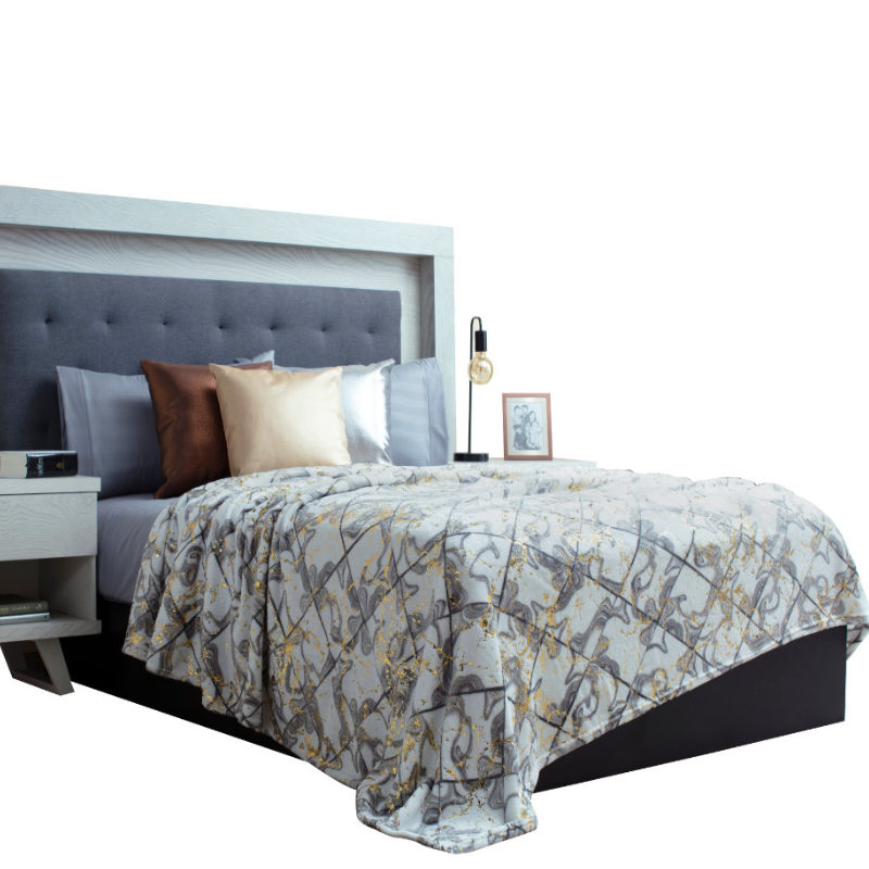 Frazada Matrimonial Blanco Estampado Metálico  Mármol Elefantito Hogar