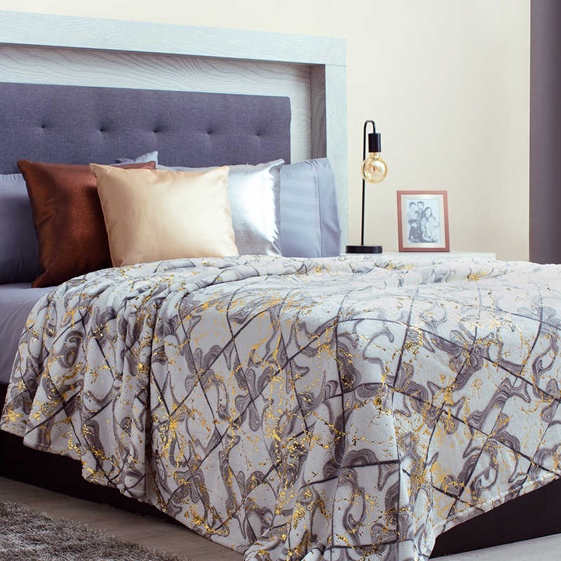 Frazada Matrimonial Blanco Estampado Metálico  Mármol Elefantito Hogar