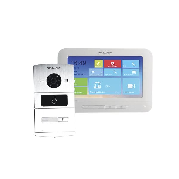 KIT DE VIDEOPORTERO IP / 1.3 MEGAPIXEL / MONITOR TOUCH / COMPATIBLE CON APP HIK-CONNECT PARA RECEPCIÓN DE LLAMADA / LECTOR DE TARJETAS (MIFARE)