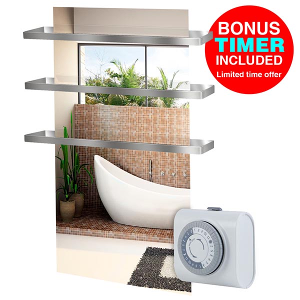 Toallero Calefactor Infrarrojo en Cristal, NewYork Wave Silver Sapphire de 550w, con 3 colgantes 40x80cm TimerFree