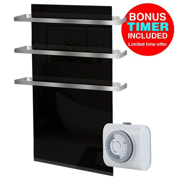 Toallero Calefactor Infrarrojo en Cristal, NewYork Wave Black Sapphire de 550w, con 3 colgantes 40x80cm TimerFree