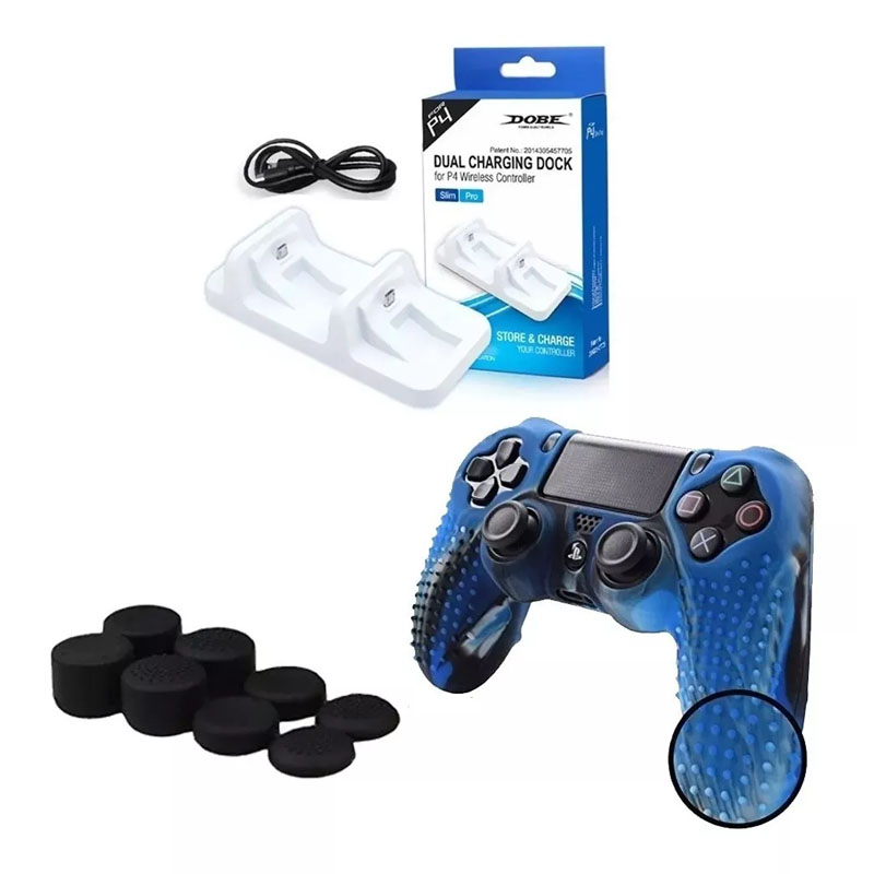 Ps4 Cargador Dual Controles + Funda Texturizada Camuflaje Azul + Gomitas