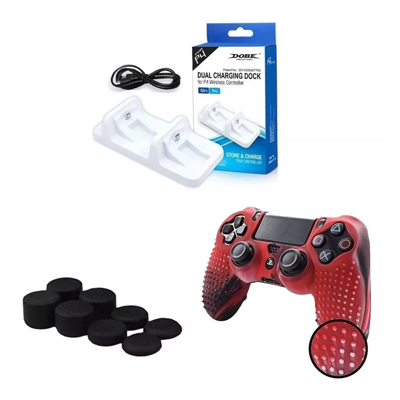 Ps4 Cargador Dual Controles + Funda Texturizada Camuflaje Rojo + Gomitas