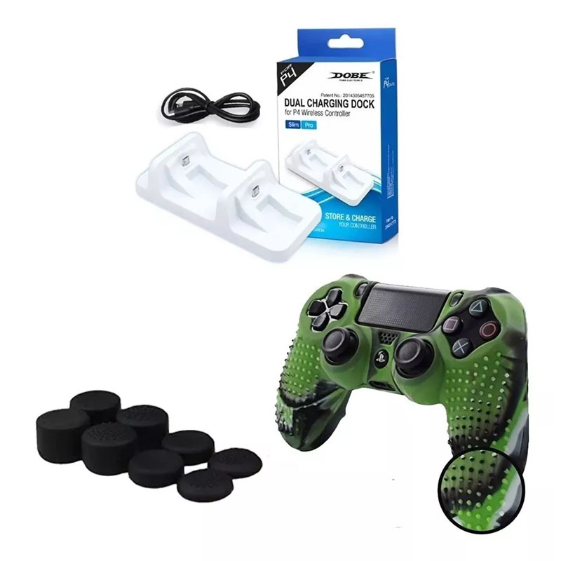 Ps4 Cargador Dual Controles + Funda Texturizada Camuflaje Verde + Gomitas