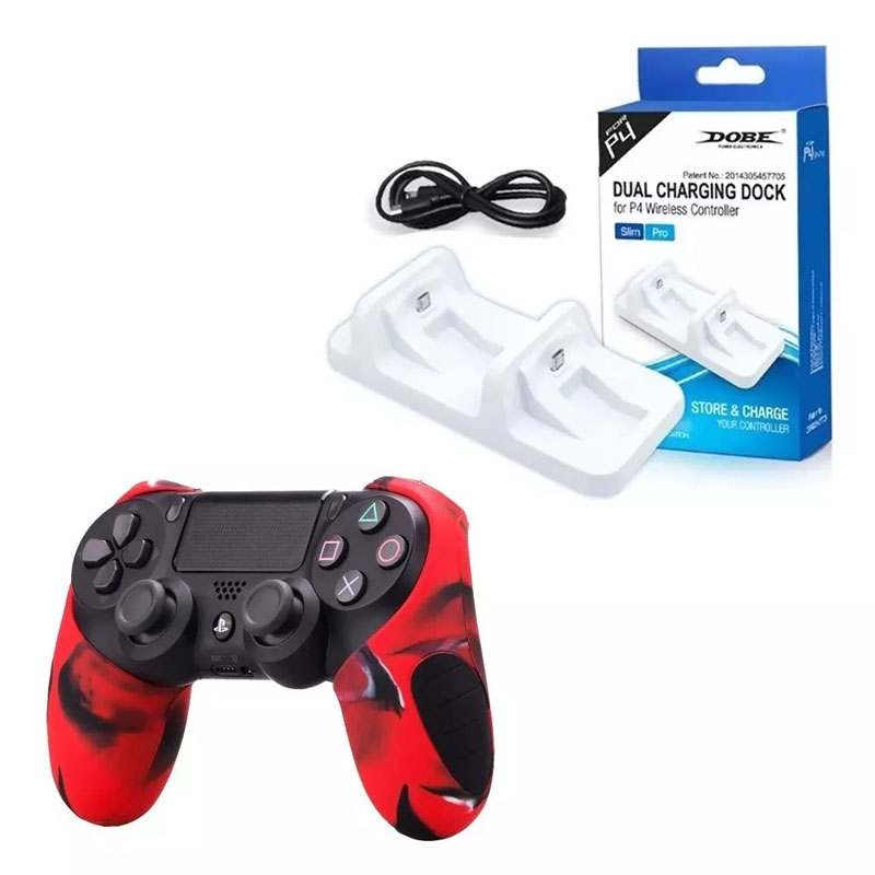 Ps4 Cargador Dual Controles + Funda Profesional Rojo Camuflaje