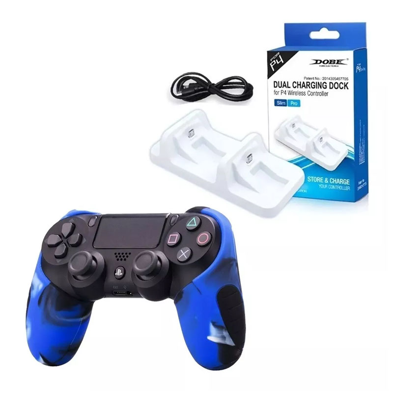 Ps4 Cargador Dual Controles + Funda Profesional Azul Camuflaje