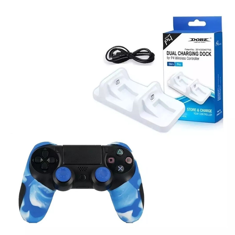 Ps4 Cargador Dual Controles + Funda Profesional Azul Claro Camuflaje