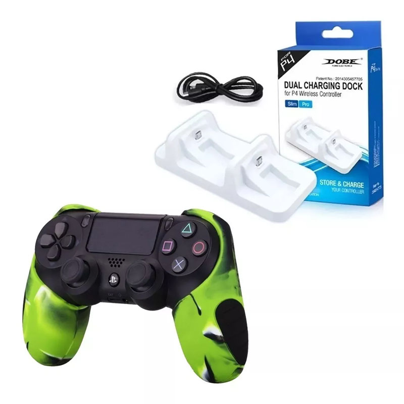 Ps4 Cargador Dual Controles + Funda Profesional Verde Camuflaje