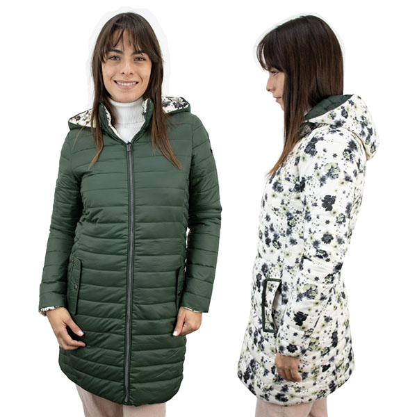 Cazadora Larga Para Dama Silver Spoon - Reversible- Camarena 03- Verde Militar/Flores