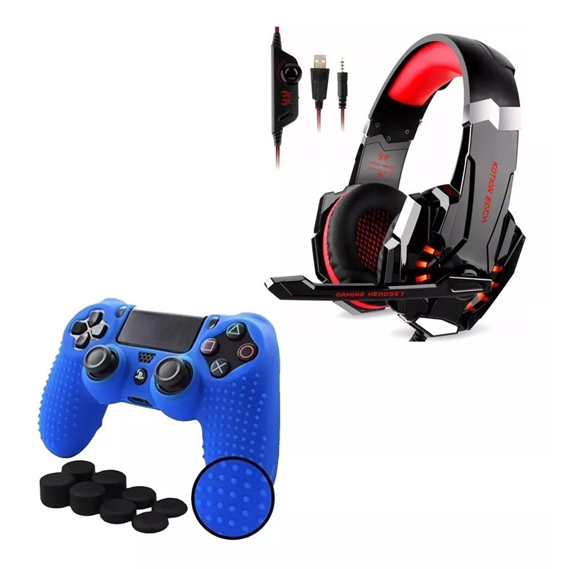 Ps4 Combo Gamer Audífono Micrófono + Funda Tex Azul+ Grips Pro