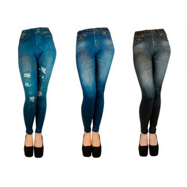 3 Leggings Para Dama Tipo Jeans Azul, Negro, Azul Deslavado Chico - Mediano