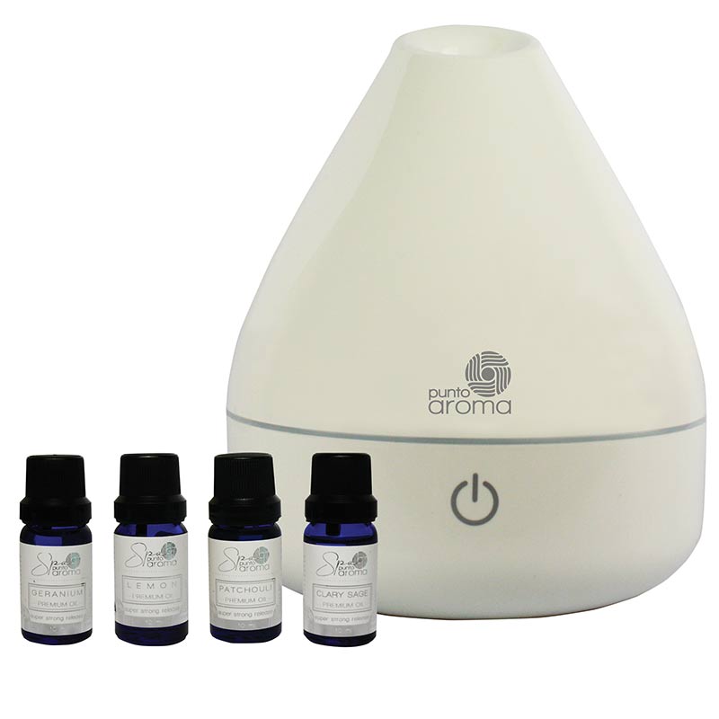 Difusor De Aroma Ultrasónico H2O Y Kit4 Aceites (Geranio, Limon, Pachuli Y Clary Sage)