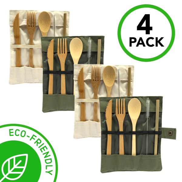 Set de cubiertos de bambú, popote y limpiador (4 pack), zero waste, reusable, libre de plástico y biodegradable. Beige y Verde Oliva.