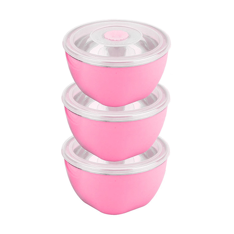 Juego de 3 Ensaladeras Acero Inoxidable con Tapa - Rosa