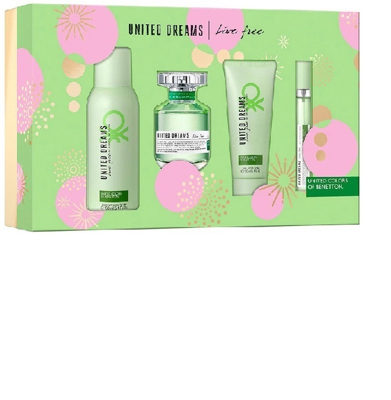 Set para dama, Benetton, United Dreams Live Free, EDT 80 ml + Desodorante 150 ml + Body Lotion 75 ml + Travel Spray 10 ml