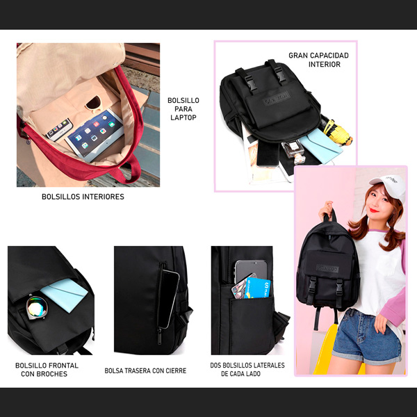 MOCHILA BACKPACK BOLSA JUVENIL POLYESTER IMPERMEABLE VARIOS COMPARTIMENTOS PRACTICA MODA DAMA