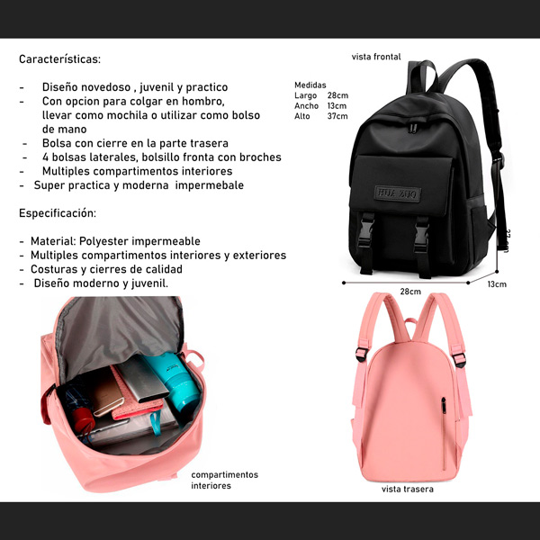 MOCHILA BACKPACK BOLSA JUVENIL POLYESTER IMPERMEABLE VARIOS COMPARTIMENTOS PRACTICA MODA DAMA