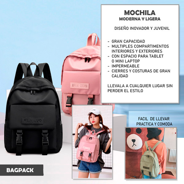 MOCHILA BACKPACK BOLSA JUVENIL POLYESTER IMPERMEABLE VARIOS COMPARTIMENTOS PRACTICA MODA DAMA