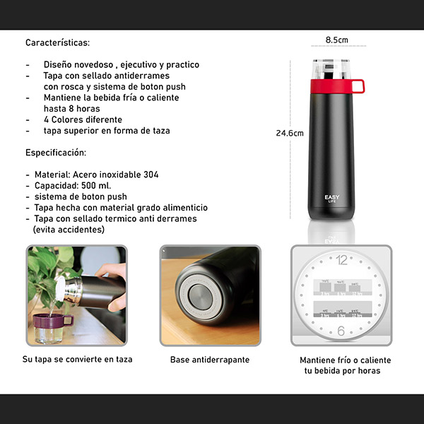 Termo Taza Vaso Moderno Acero Inoxidable Antiderrape Antiderrames 500ml uso Oficina Escolar Viaje Hogar Bebe Mamila