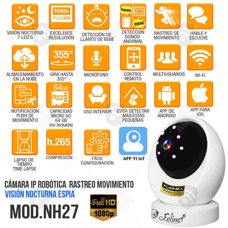 Camara Wifi Ip Full Hd Seguridad Deteccion Movimiento Audio Vision Nocturna Espia Grabacion Nube Alarma Casa