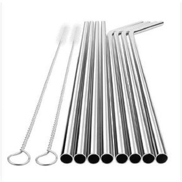 Set 8 Popotes Y 2 Cepillos Metal De Acero Inoxidable Reusables Ecologicos Metalicos Color Gris