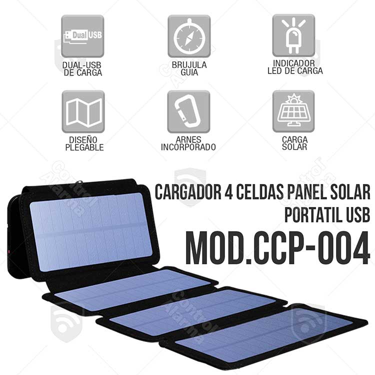 Cargador 4 Celdas Panel Solar Portatil Usb Adaptadores Lightning Carga 2 Dispositivos
