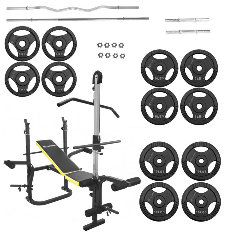 Set Pesas Banco Barra Z Barra Recta Mancuernas Discos 70lbs Kit Set No.41