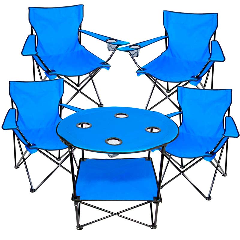 Mesa Playa 4 Sillas Plegables Kit Mesa Plegable Jardin Camping Alberca Silla Azul.