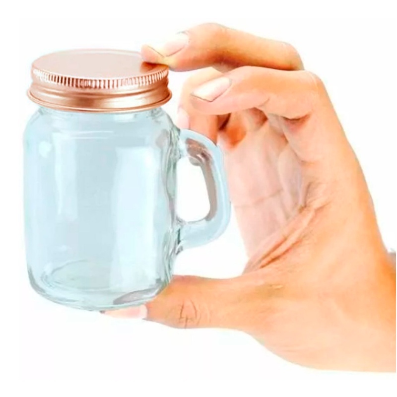 Tarro Con Asa De Vidrio Con Tapa Cobre Mason Jar Mini Ice Cold 4oz. 24 Piezas