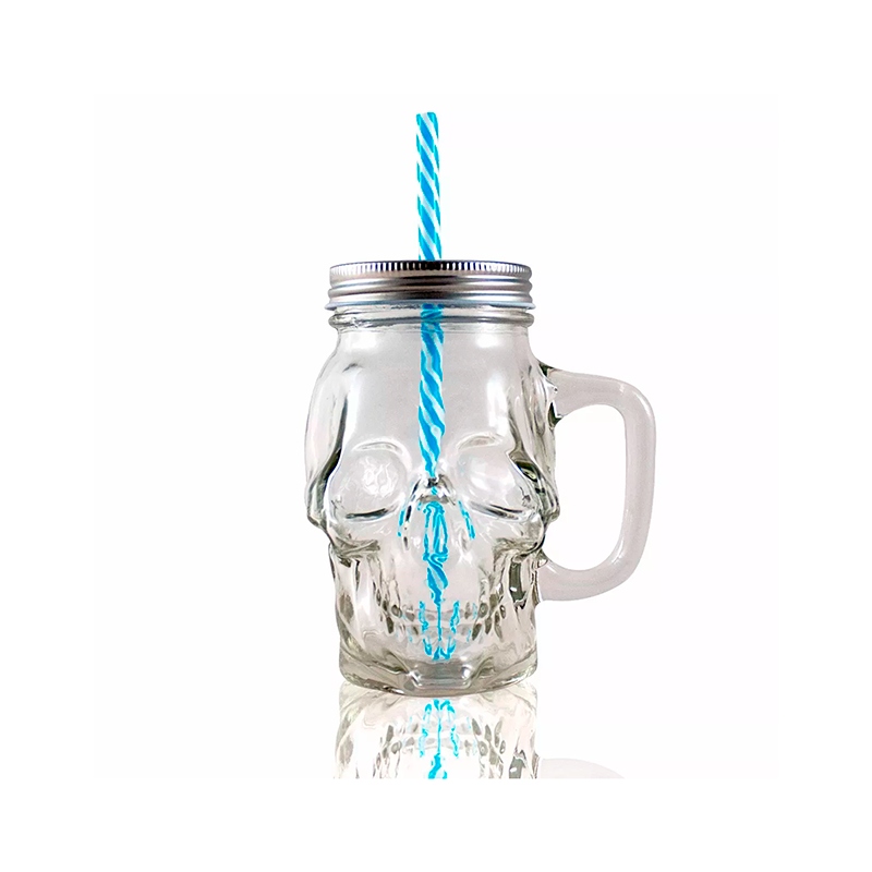 Tarro Con Asa De Vidrio Con Tapa Y Popote Mason Jar Skull Transparente 16oz. 24 Piezas.