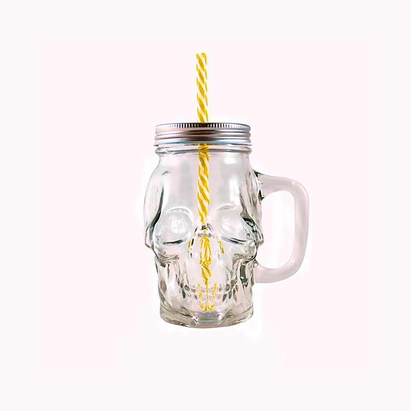 Tarro Con Asa De Vidrio Con Tapa Y Popote Mason Jar Skull Transparente 16oz. 24 Piezas.