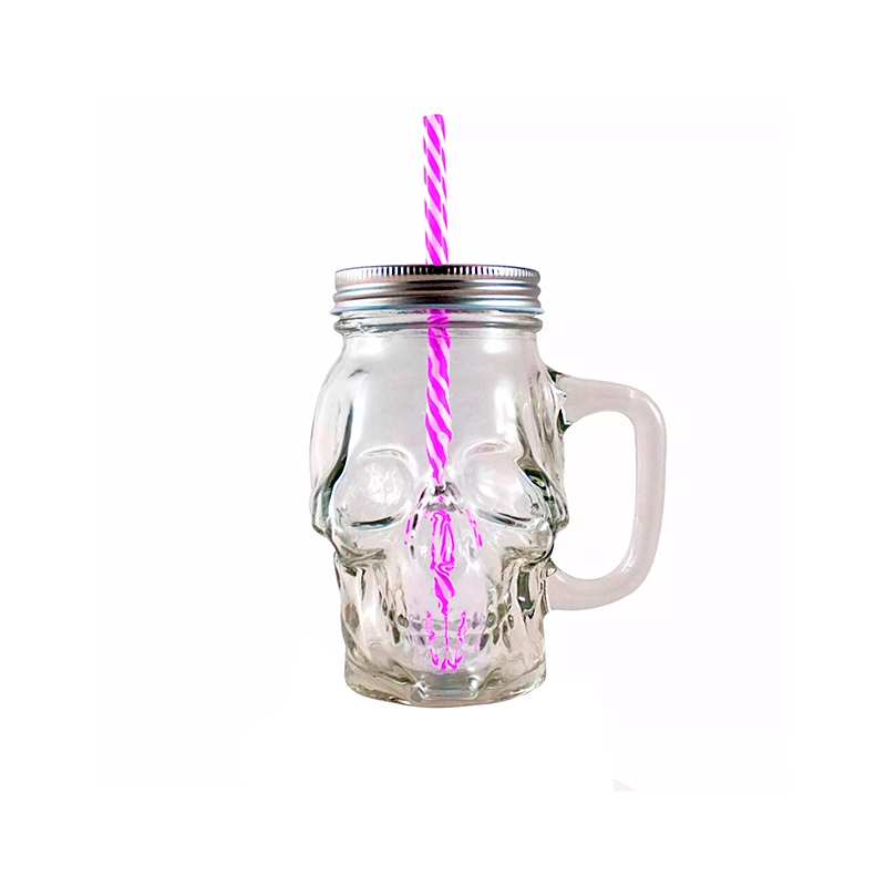 Tarro Con Asa De Vidrio Con Tapa Y Popote Mason Jar Skull Transparente 16oz. 24 Piezas.